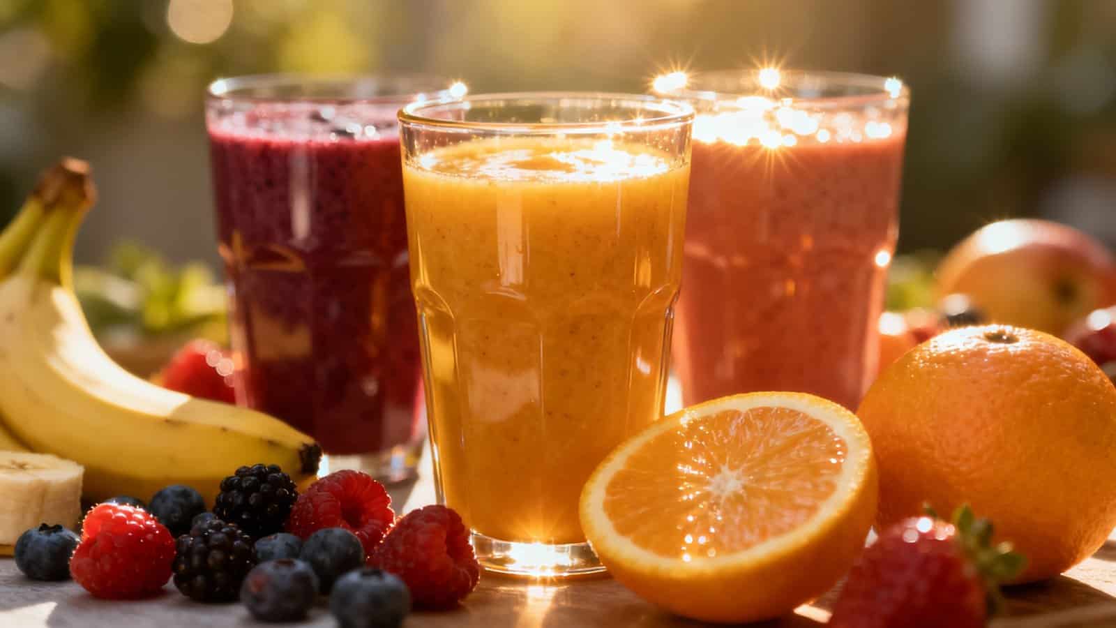 Fresh fruit smoothies in three glasses with bananas, oranges, berries on a sunny outdoor table, promoting healthy nutrition and fitness hydration.
