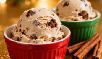 Rich, vanilla ice cream with chocolate chips served in colorful bowls, perfect for a sweet treat or dessert. Accented by cinnamon sticks and a golden background, evoking comfort and indulgence.