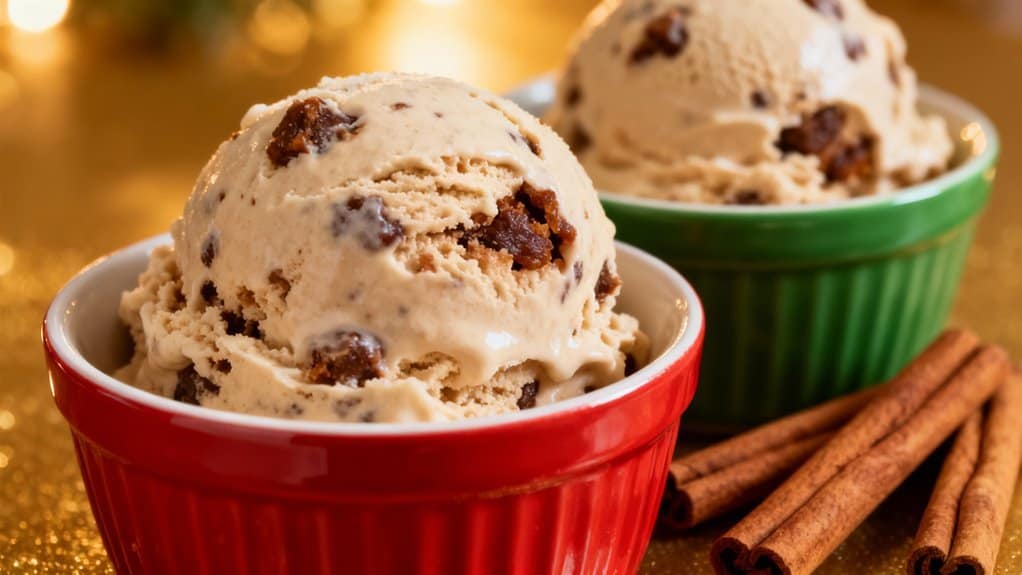 Rich, vanilla ice cream with chocolate chips served in colorful bowls, perfect for a sweet treat or dessert. Accented by cinnamon sticks and a golden background, evoking comfort and indulgence.