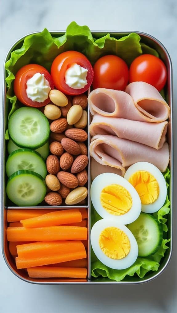 Fresh veggie and protein-packed lunch box with cherry tomatoes, cucumber slices, boiled eggs, sliced turkey, carrots, almonds, and mozzarella in a nutritious, balanced meal.