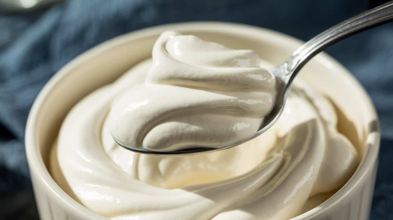 Creamy yogurt or sour cream in a bowl with a spoon, close-up shot.