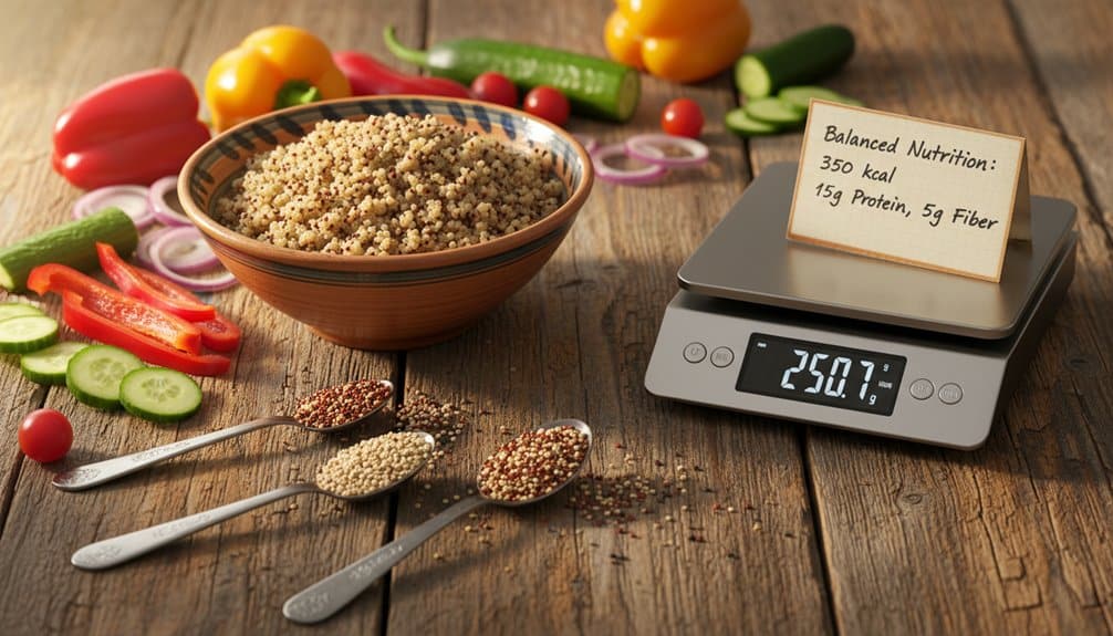 Balanced nutrition with a bowl of cooked quinoa surrounded by fresh vegetables on a rustic wooden table, showcasing a healthy meal for fitness enthusiasts.
