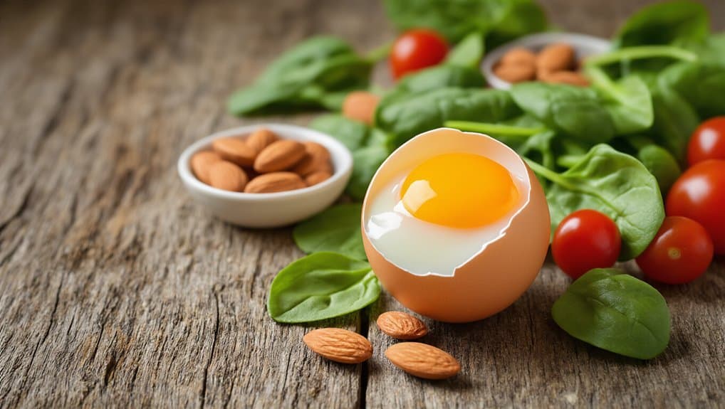 Fresh eggs with a soft-boiled opening, surrounded by cherry tomatoes, spinach leaves, and almonds on a rustic wooden surface. Perfect for health-conscious meal ideas.