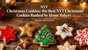 Bright, decorated Christmas cookies with festive icing and sprinkles on a rustic wooden surface. Perfectly themed for holiday baking, featuring stars, trees, and snowflake designs.