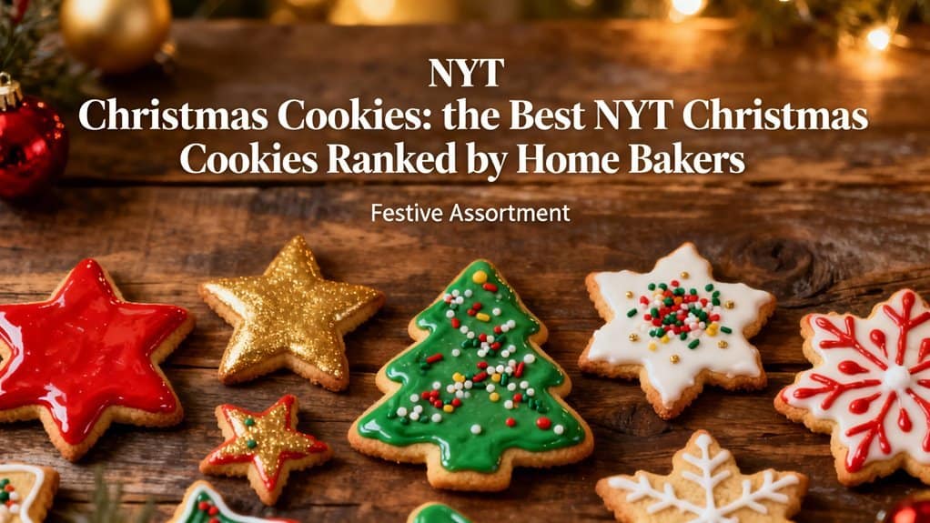 Bright, decorated Christmas cookies with festive icing and sprinkles on a rustic wooden surface. Perfectly themed for holiday baking, featuring stars, trees, and snowflake designs.