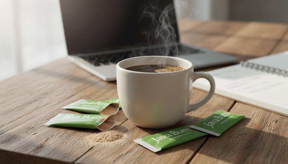A steaming cup of coffee on a wooden desk, surrounded by Jaya Bumi supplement packets, with a laptop and notebook in the background, promoting natural energy and health tips.
