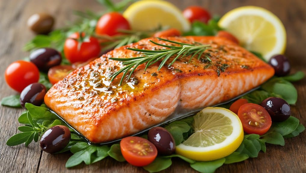 Grilled salmon fillet garnished with lemon slices, cherry tomatoes, olives, and fresh herbs, served on a bed of greens, highlighting healthy eating and nutritious meal ideas.