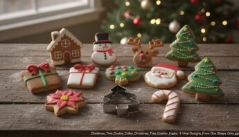 Festive Christmas cookies including reindeer, Santa, Christmas trees, and presents with colorful icing and decorations.