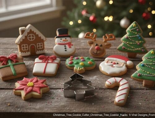 Festive Christmas cookies including reindeer, Santa, Christmas trees, and presents with colorful icing and decorations.