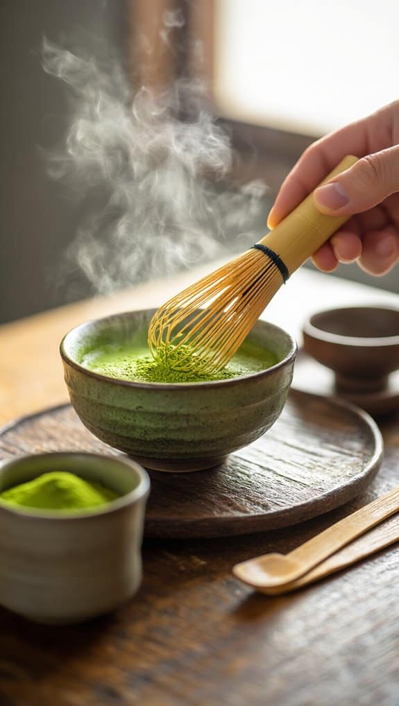 Bright green matcha tea being whisked in a rustic ceramic bowl, with steaming vapor rising, on a wooden table highlighting healthy tea rituals and wellness practices.