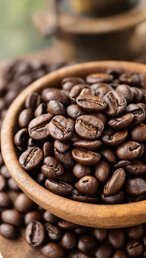 Rich coffee beans in a wooden bowl on a rustic table, perfect for energizing mornings and boosting your health with natural antioxidants.