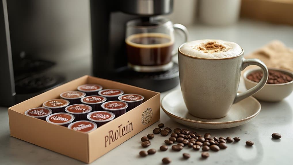 Protein coffee capsules with cappuccino, coffee beans, and protein powder on a modern kitchen counter, promoting balanced nutrition and fitness, healthy lifestyle tips.