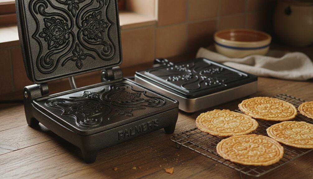 A sleek black Celtic-patterned waffle iron with freshly made waffles on a wire rack, set in a cozy kitchen scene with warm lighting.
