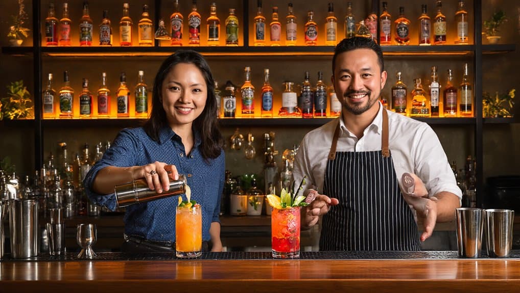 Refreshing tropical cocktail being prepared by bartenders in a vibrant bar setting, with colorful liquor bottles in the background.