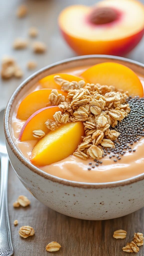 Creamy smoothie bowl topped with fresh peach slices, granola, and chia seeds for a nourishing breakfast or snack. Perfect for healthy living and active lifestyles.