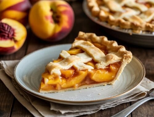 Fresh peach pie slice on a white plate with whole peaches in the background, highlighting healthy, delicious fruit desserts as part of a balanced fitness and nutrition plan.