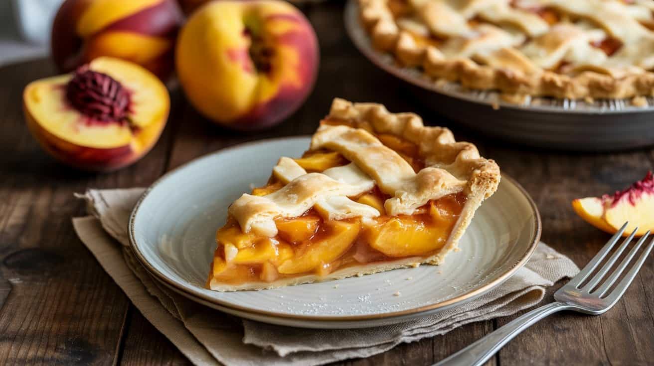 Fresh peach pie slice on a white plate with whole peaches in the background, highlighting healthy, delicious fruit desserts as part of a balanced fitness and nutrition plan.