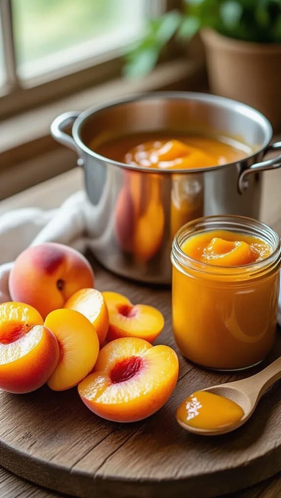 Yummy Homemade Peach Butter Recipe Everyone will Love 2 Fresh peach jam with ripe peaches and a metal pot on a wooden table, close-up.