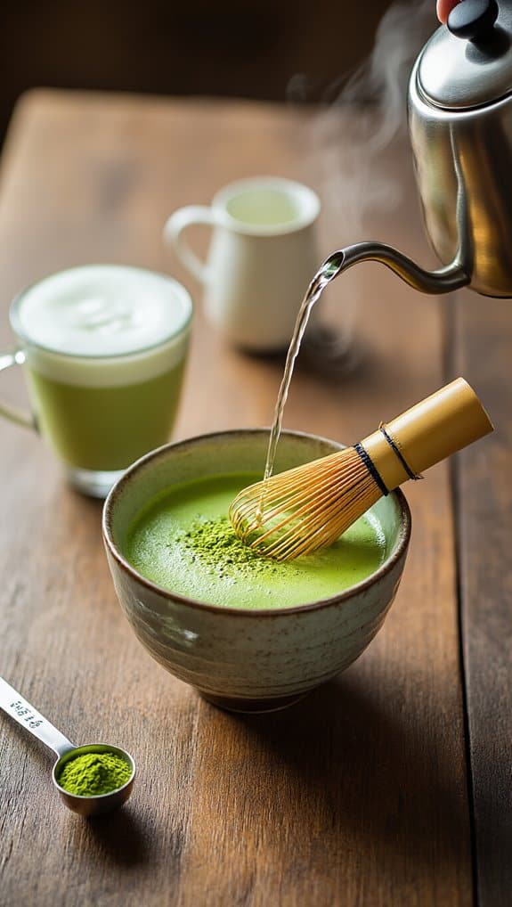 Matcha tea being prepared with a bamboo whisk in a ceramic bowl, hot water being poured from a kettle, and additional matcha powder on a spoon on a wooden table.