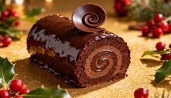 Chocolate yule log cake on a festive golden surface decorated with holly leaves and red berries, perfect for holiday celebrations and seasonal desserts.