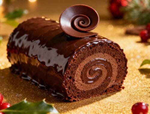 Chocolate yule log cake on a festive golden surface decorated with holly leaves and red berries, perfect for holiday celebrations and seasonal desserts.