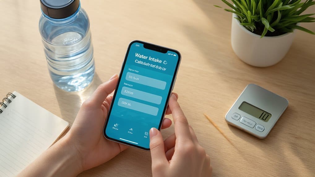 How to Use a Water Intake Calculator for Weight Loss 2 Tracking water intake on a smartphone screen, surrounded by a water bottle, scale, and plant, emphasizing hydration for health and fitness.
