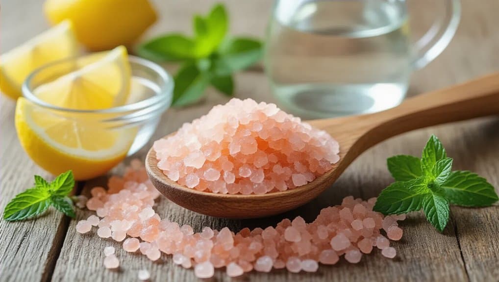 Himalayan pink salt in a wooden spoon with lemon slices, fresh mint, and a glass jar of water, emphasizing natural health and wellness ingredients.
