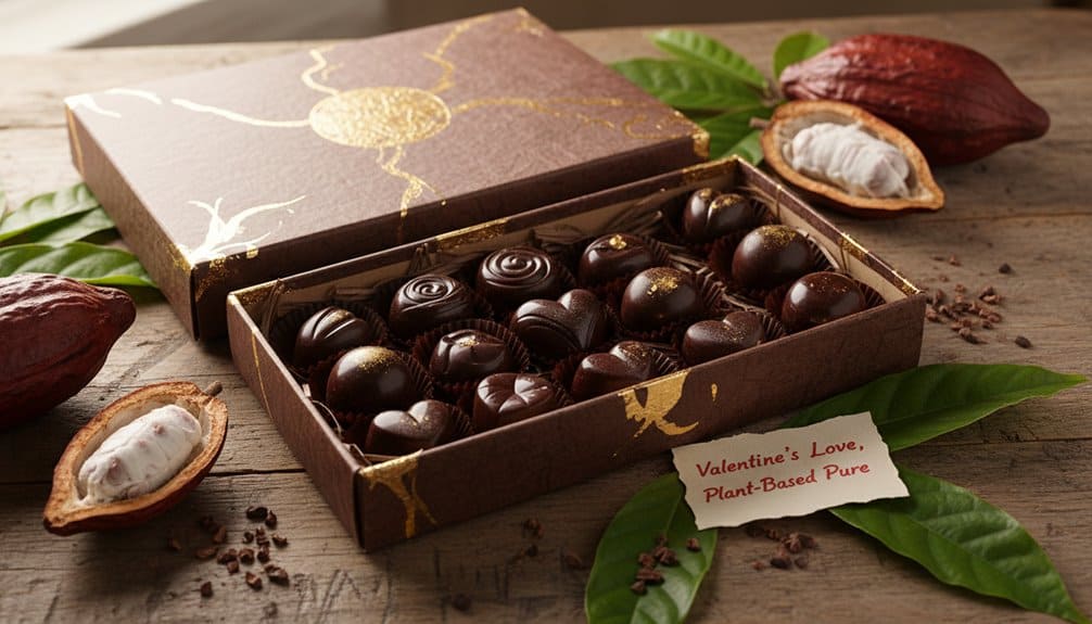 Luxurious dark chocolate truffles in a beautifully designed box, surrounded by cacao pods and cocoa nibs on a wooden surface, highlighting plant-based, Valentine's Day gift ideas for health and fitness enthusiasts.