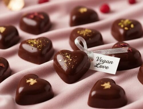 Delicious vegan chocolates decorated with gold and flower petals, arranged on soft pink fabric to promote plant-based, gluten-free, and healthy indulgence.