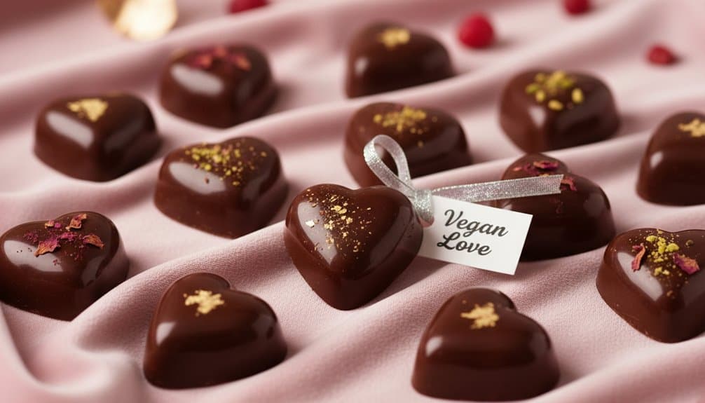 Delicious vegan chocolates decorated with gold and flower petals, arranged on soft pink fabric to promote plant-based, gluten-free, and healthy indulgence.