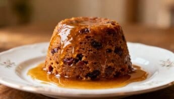 Delicious caramelized fruit cake drizzled with rich caramel sauce, served on a floral plate, highlighting a sweet treat that can fit into balanced diet plans.