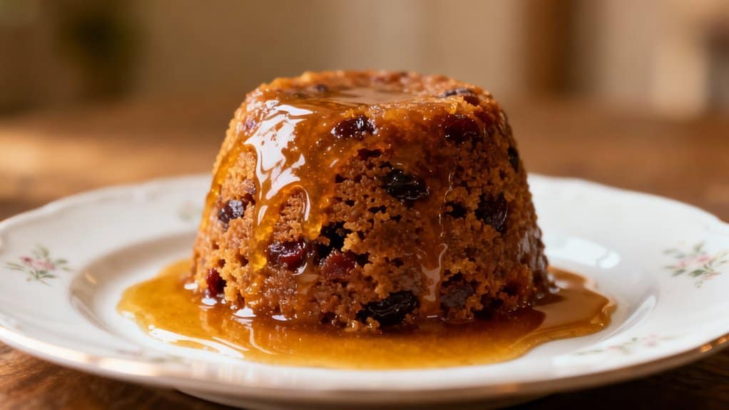 Delicious caramelized fruit cake drizzled with rich caramel sauce, served on a floral plate, highlighting a sweet treat that can fit into balanced diet plans.