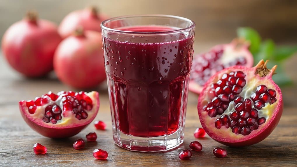 Healthy Drink List: 25 Nutritious Beverages for Every Need 4 Fresh pomegranate juice in a glass with ripe pomegranate fruits and seeds on a rustic wooden surface, promoting healthy eating and antioxidant benefits.