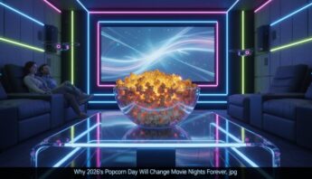 Why 2026's Popcorn Day Will Change Movie Nights Forever 13 A neon-lit room with a large bowl of popcorn on a glowing table, futuristic decor, and holographic screens, perfect for a vibrant movie night experience.