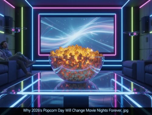 A neon-lit room with a large bowl of popcorn on a glowing table, futuristic decor, and holographic screens, perfect for a vibrant movie night experience.