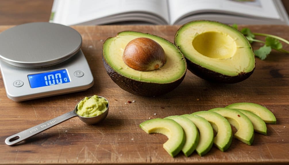 A halved ripe avocado with slices on a wooden cutting board, a digital scale showing 100g, and a teaspoon of mashed avocado for healthy eating and fitness goals.