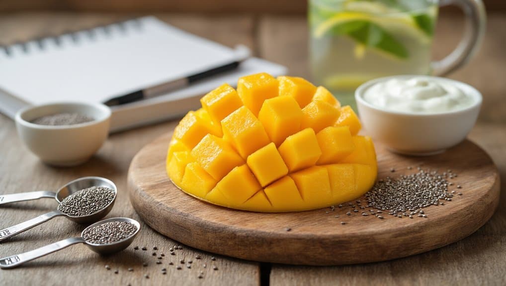 Fresh mango sliced and served with chia seeds and yogurt, healthy breakfast.