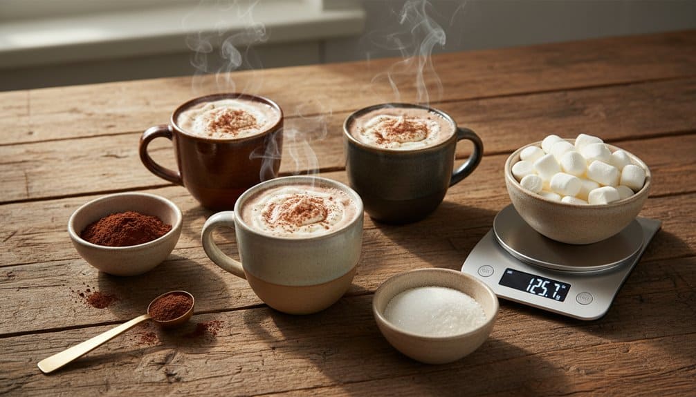 A cozy setup of steaming hot beverages topped with marshmallows and cocoa powder, accompanied by bowls of sugar, marshmallows, and cocoa powder on a rustic wooden table.