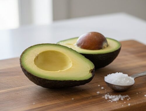 Creamy avocado half with salt spoon on wooden cutting board for healthy eating and nutrition. Perfect for smoothies, salads, or snacks.