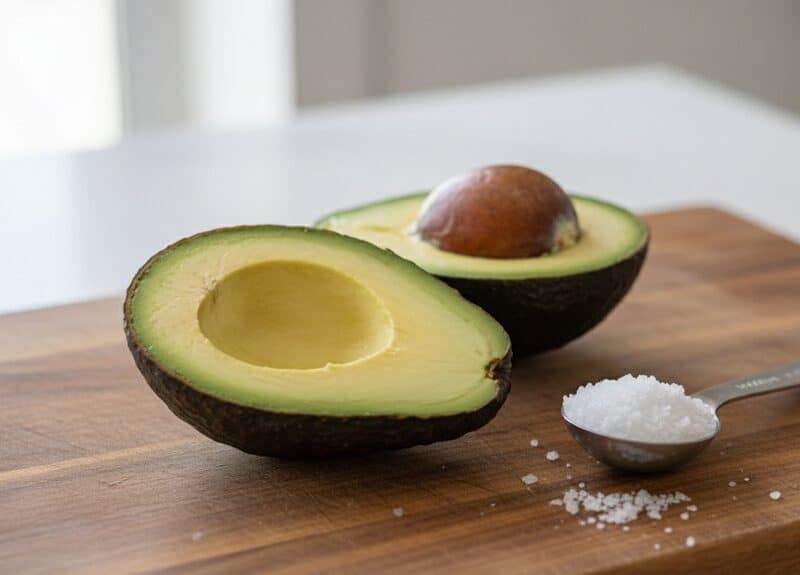 Creamy avocado half with salt spoon on wooden cutting board for healthy eating and nutrition. Perfect for smoothies, salads, or snacks.