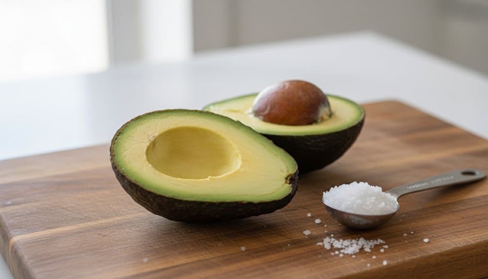 Creamy avocado half with salt spoon on wooden cutting board for healthy eating and nutrition. Perfect for smoothies, salads, or snacks.
