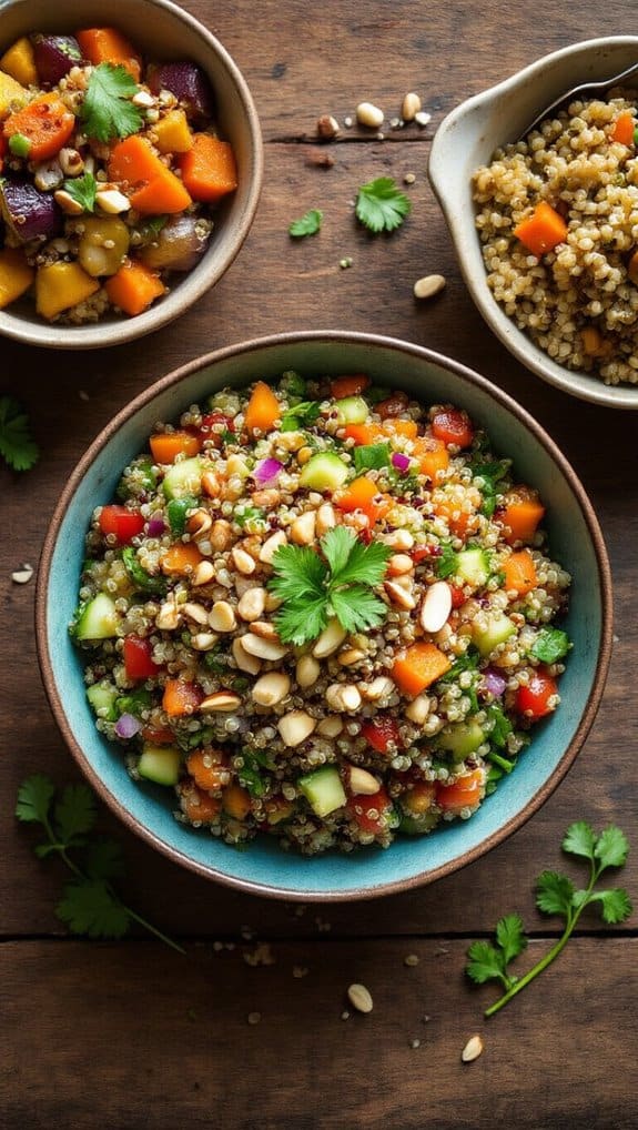 Healthy vegetable quinoa salad in bowls with fresh cilantro on a rustic wooden table, colorful, nutritious, and delicious meal for health-conscious diets.