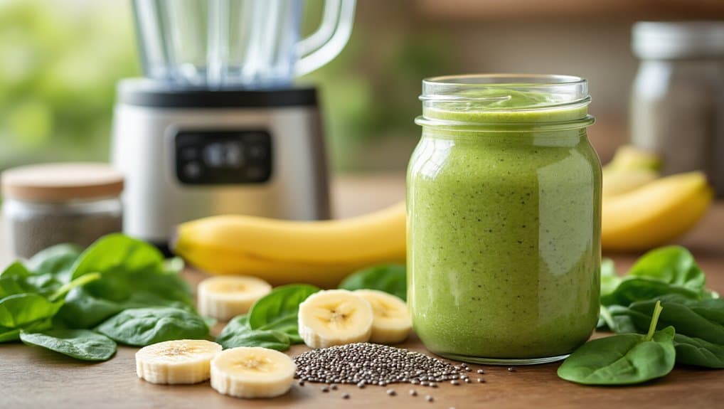 Creamy green smoothie in a glass jar with fresh bananas, spinach, chia seeds, and pumpkin seeds on a wooden surface with a blender in the background.