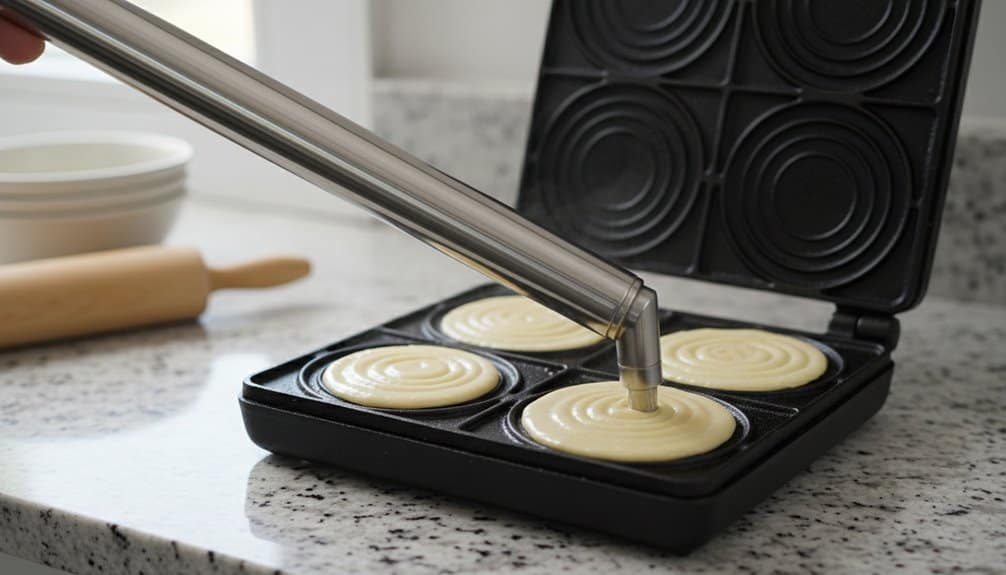 This Genius Pizzelle Batter Dispenser Eliminates Messy Kitchen Disasters Forever 2 A waffle maker is pouring batter into individual waffle sections, ready to create homemade waffles. The kitchen countertop has a rolling pin and bowls, emphasizing healthy homemade snack preparation.