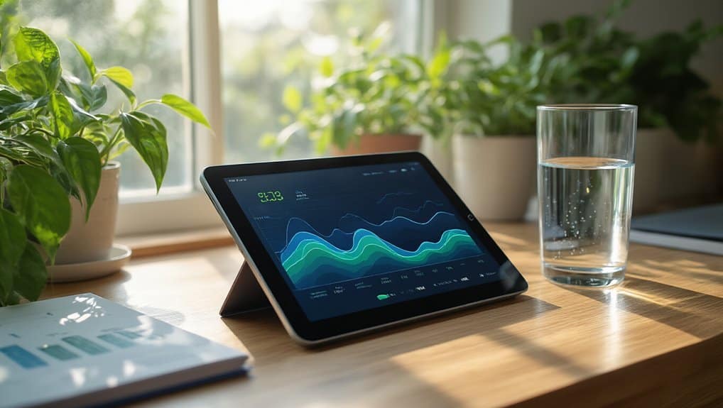 Digital health tracker displaying health data on tablet screen, with a glass of water and potted plants on a bright windowsill for a healthy lifestyle setup.