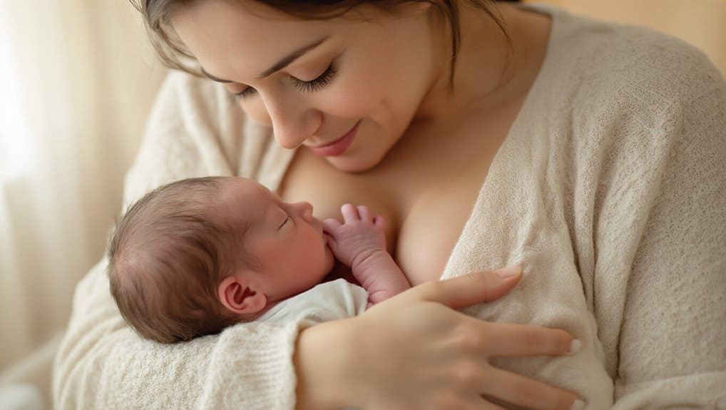 Breastfeeding mother holding her newborn baby close, nurturing bond, new mother caring for infant, soft natural light, cozy home setting.