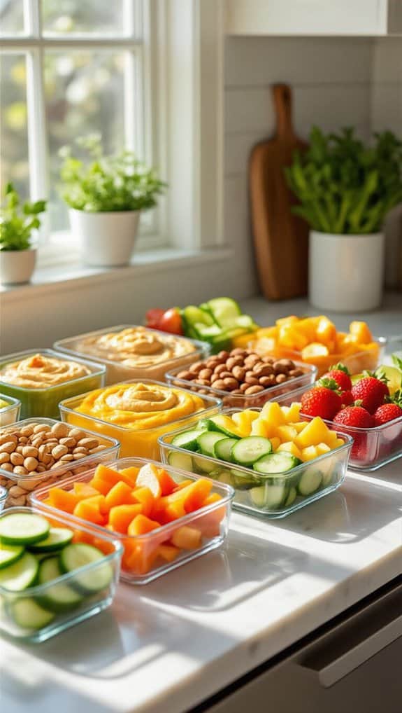 Freshly prepared healthy snacks and fruits in glass containers on a kitchen counter, perfect for a nutritious diet.