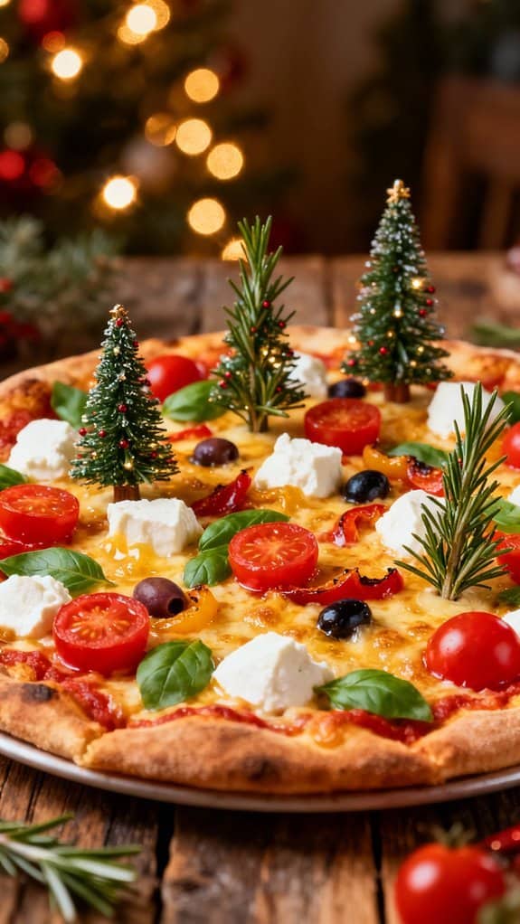 Christmas Pizza Ideas Festive Toppings the Whole Family Will Devour 3 Festive holiday pizza topped with cherry tomatoes, black olives, basil leaves, and mini Christmas tree decorations, creating a cheerful and delicious Christmas dinner. Perfect for celebrating the holidays with family and friends.