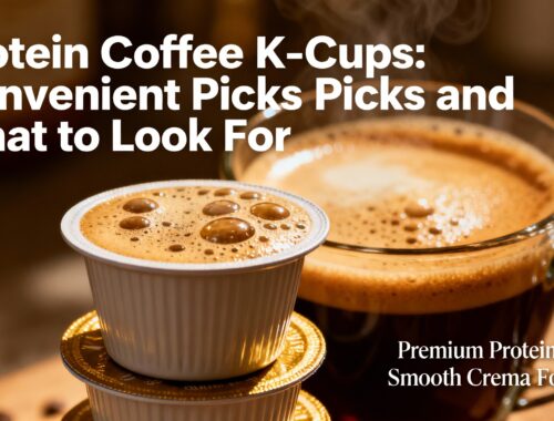 Mocha coffee K-cups with a steaming cup of coffee in the background, premium protein blend, smooth crema formula, convenient coffee options, healthy coffee beverage choice.