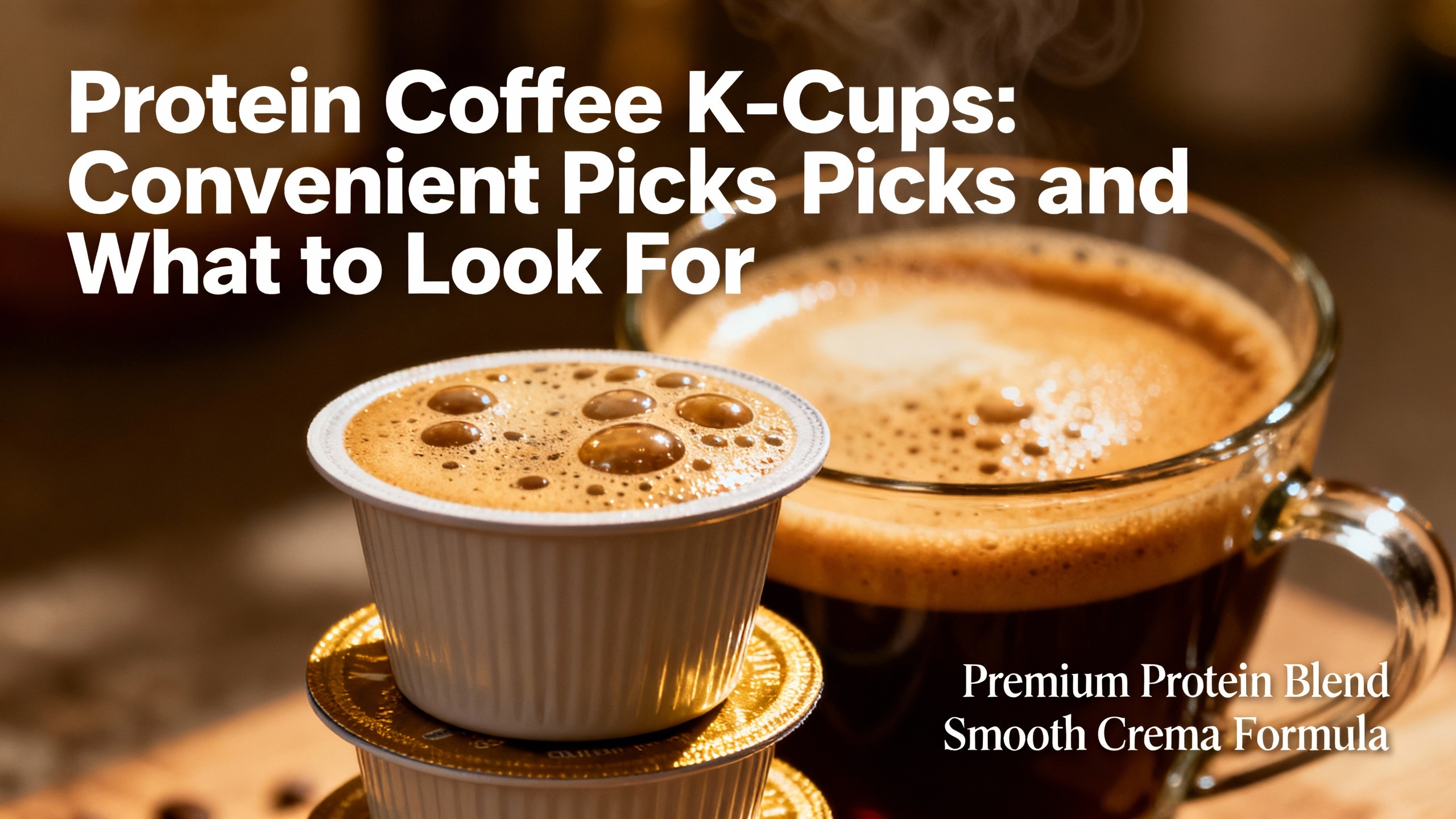 Mocha coffee K-cups with a steaming cup of coffee in the background, premium protein blend, smooth crema formula, convenient coffee options, healthy coffee beverage choice.